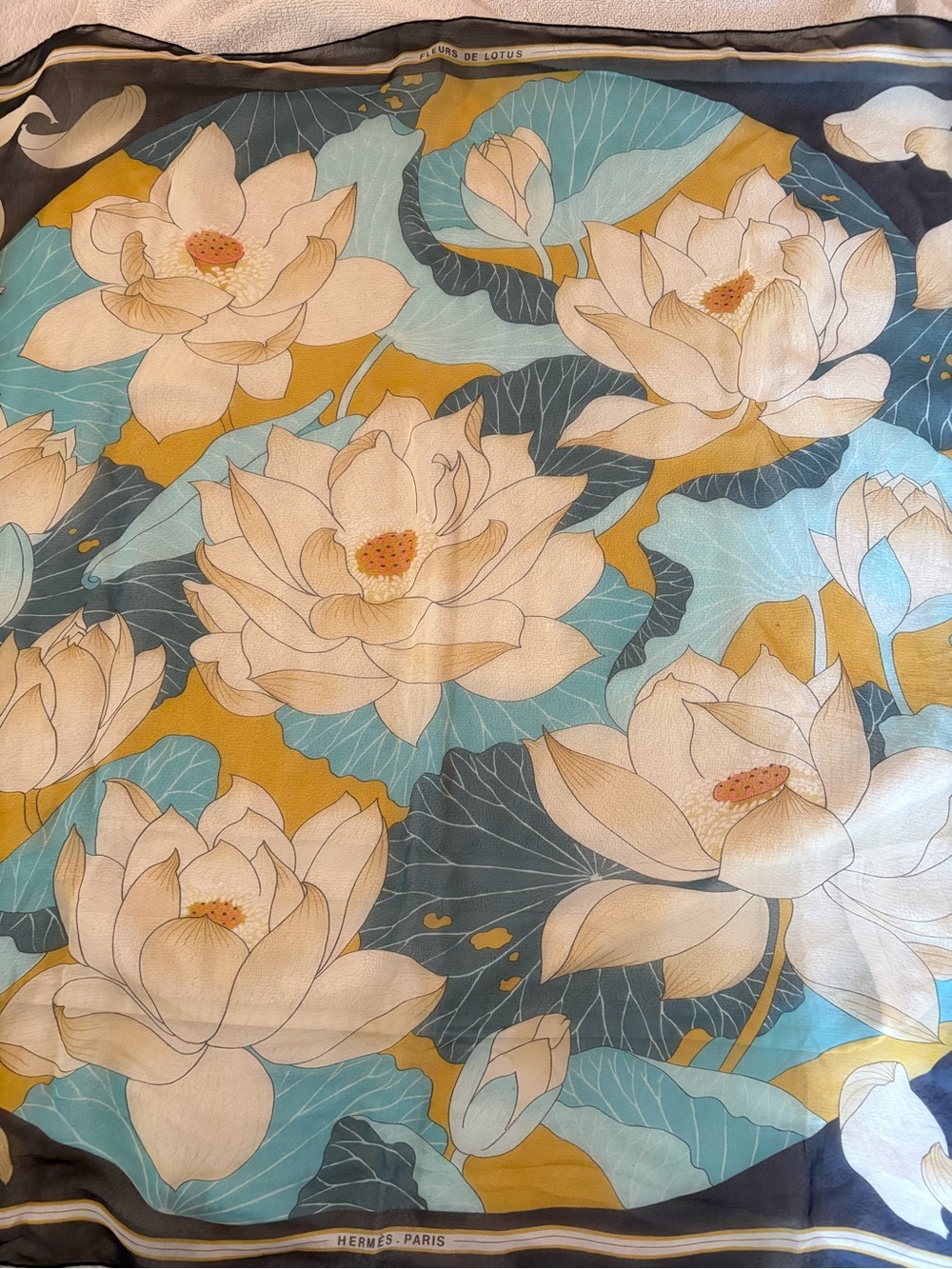 HermèsFleurs de Lotus Silk Scarf in Aqua, Mustard & Dark Blue - Picture 2 of 11